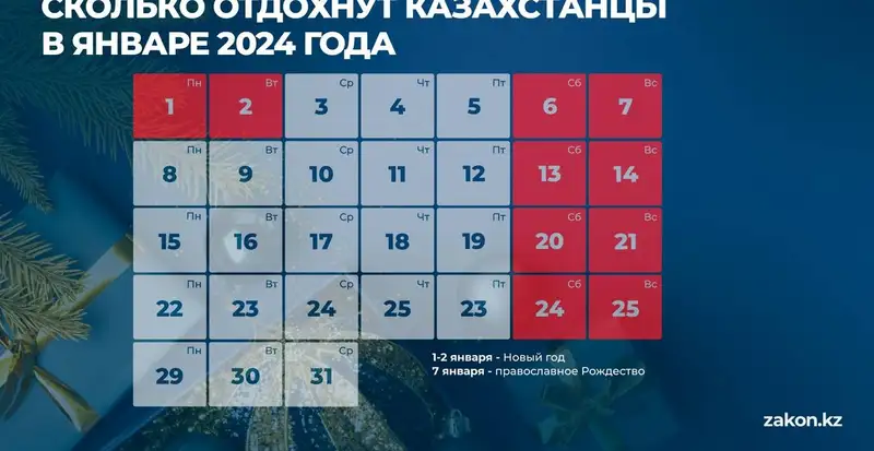 Сколько дней казахстанцы отдохнут в январе 2024 года