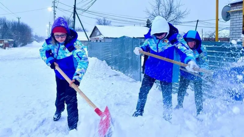 волонтеры помогают с  уборкой снега