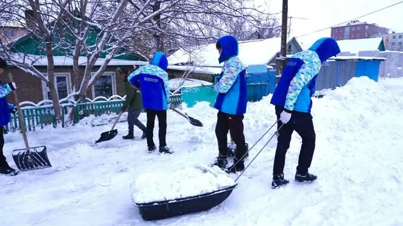 волонтеры помогают с уборкой снега