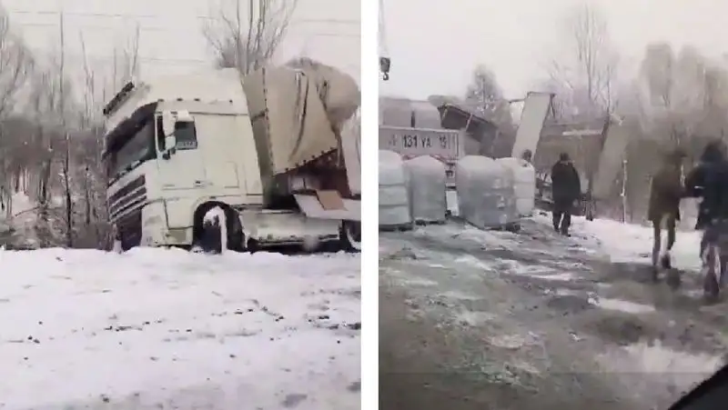 В Петропавловске большегруз сошел в кювет из-за снегопада